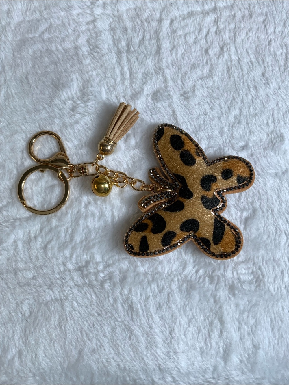 Leopard Print Butterfly Keychain with Gold Hardware
